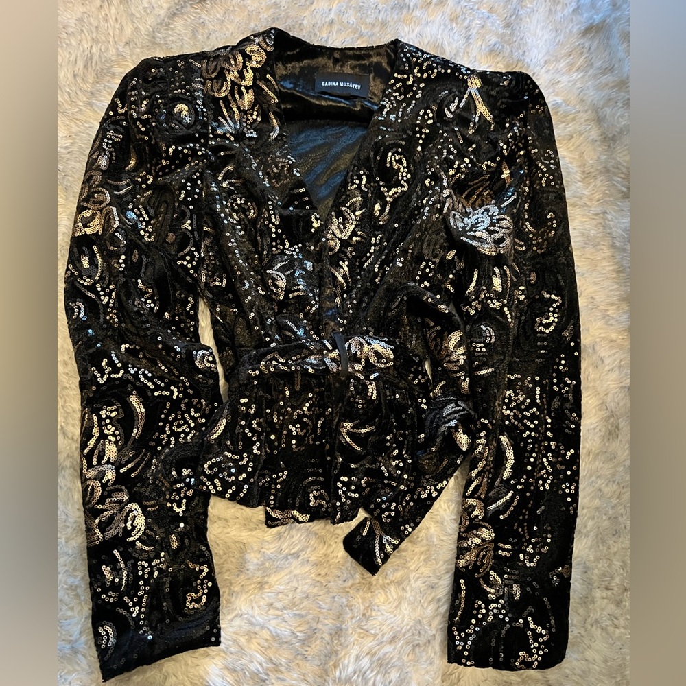 AMANDA UPRICHARD black velvet jacket blazer with black & gold sequins NWOT
